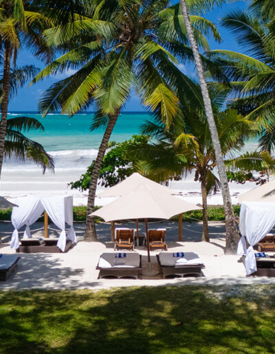 Aerial view of the white-sand shoreline at Almanara Resort, Diani Beach Kenya